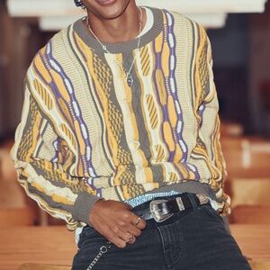 Yellow, khaki and purple oversized mixed knit textured striped long sleeve NWT